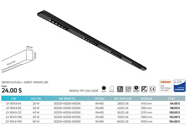 Goya Gy 8043-158 50 Watt Sıva Üzeri ve Sarkıt Linear Armatür Teknik Cizim